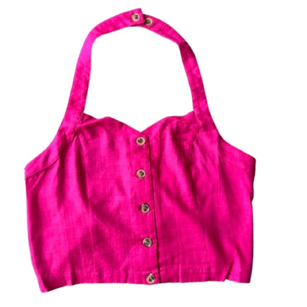 Moon River (Tuckernuck) Hot Pink Linen Blend Halter Crop Top Size Large NWT